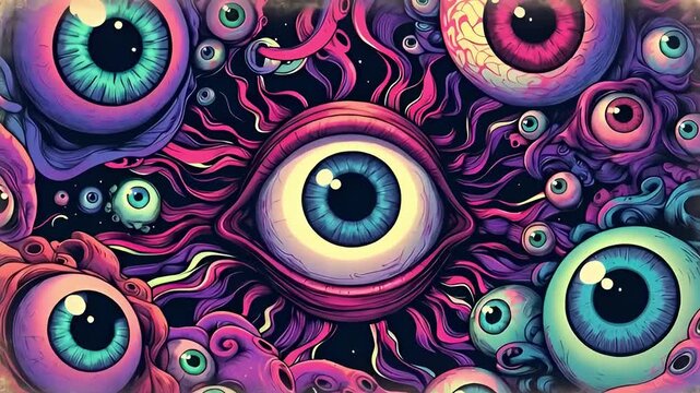 seamless loop animation of a trippy purple monster creature made of eyes and tentacles