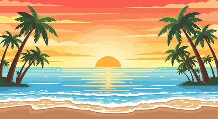 Fototapeta premium Tropical Beach Sunset with Palm Trees and Ocean Waves.