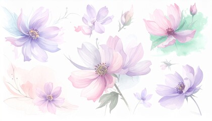 Fototapeta premium watercolor flowers set featuring hand-painted abstract botanical illustrations. This bundle showcases a variety of delicate floral designs, each rendered with artistic flair, isolated against a clean