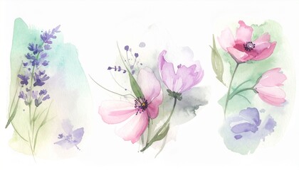 Obraz premium watercolor flowers set featuring hand-painted abstract botanical illustrations. This bundle showcases a variety of delicate floral designs, each rendered with artistic flair, isolated against a clean