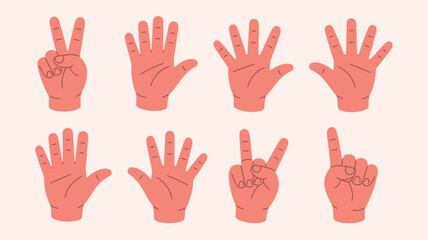 Obraz premium Eight Hands Making Different Gestures On Light Background For Communication Concepts