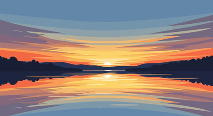 Fototapeta premium Vibrant Sunset Reflection Over Calm Lake Water.