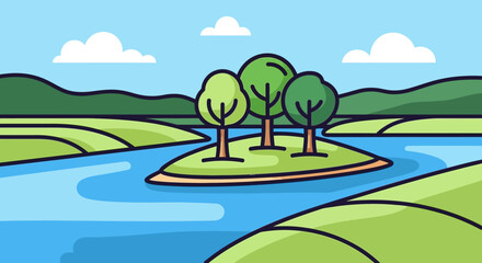 Obraz premium Small Island with Three Trees in a Serene River Landscape.