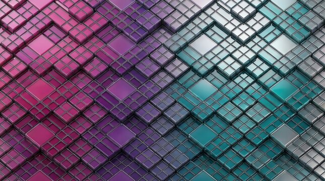 Abstract 3d background with a gradient of purple to teal metallic cubes