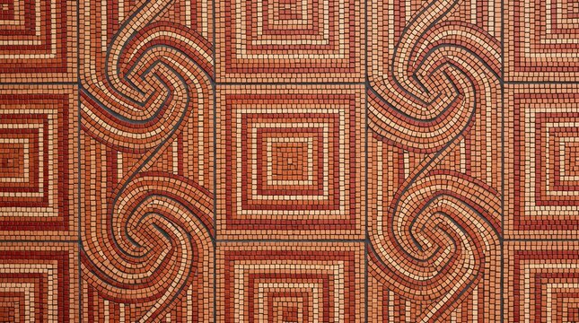 Terracotta mosaic tile texture with geometric squares and spiral patterns, ancient roman style