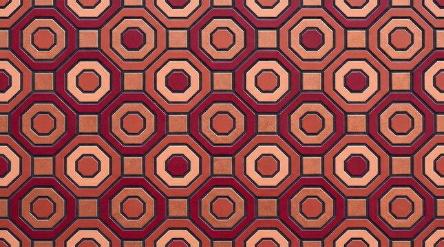 Seamless geometric pattern with octagons and squares in shades of red and orange