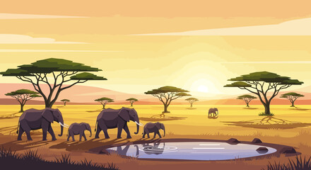 Elephant Family Drinking Water at Sunset in African Savanna. © Ahyar
