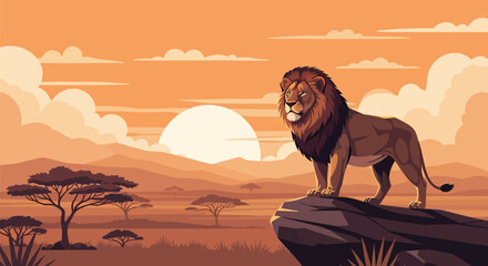 Majestic male lion stands proudly on a rocky outcrop surveying its domain. © Ahyar