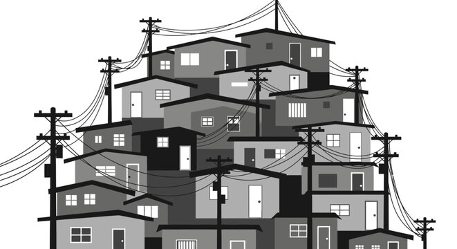 Grayscale digital illustration portraying a dense, layered community of homes with a tangled web of power lines, reflecting the unique architecture and infrastructure of bustling urban areas