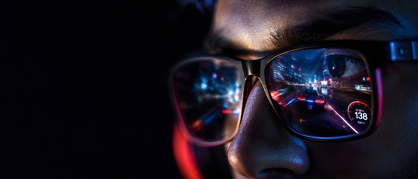 Gamer wearing glasses with racing game screen reflection, futuristic esports panoramic banner with copy space