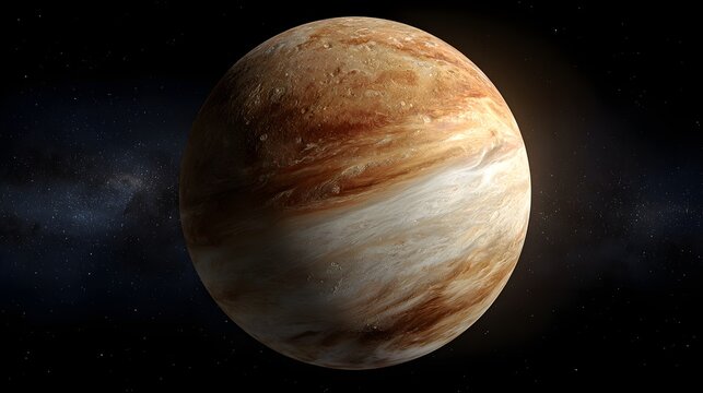 Detailed 3D rendering of planet Venus showcasing thick gas atmospheric clouds and swirly brown texture patterns in space.