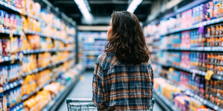 Young woman choosing bottled drinks in a supermarket aisle, representing grocery shopping, consumer choice, retail products and everyday food purchasing decisions