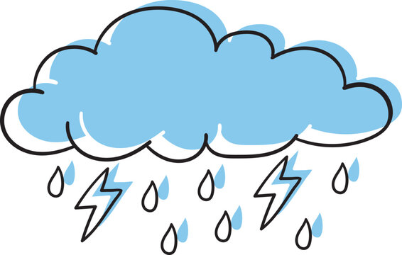 Cute Hand Drawn Rain Cloud with Lightning Bolts Vector Illustration