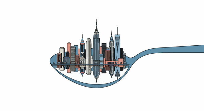 A city skyline is depicted on a spoon, with its reflection mirrored below