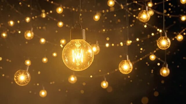 Glowing string lights hanging against a dark night background