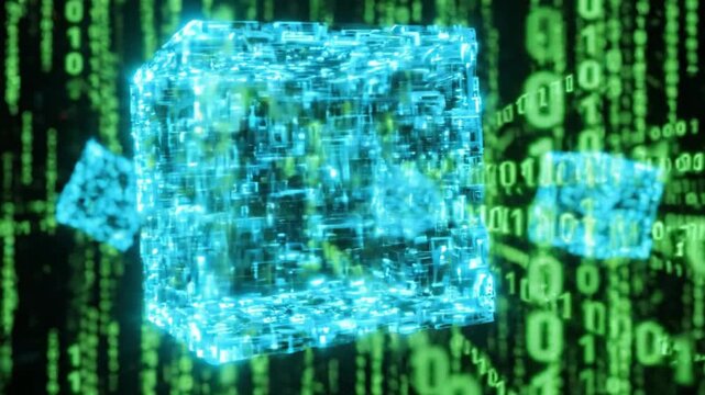 Abstract glowing blue cube with binary code data stream background