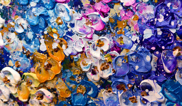 Vibrant messy artist palette covered in glossy paint, scattered brushes and tubes, dried paint