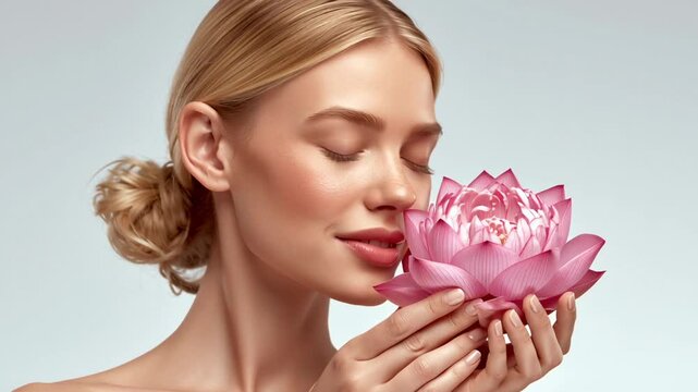 Female model with blonde hair gently holds and admires a pink lotus flower, showcasing a serene expression in a soft, neutral background setting