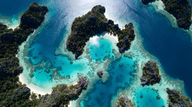 An aerial drone shot looking straight down on a cluster of small, uninhabited limestone islands in Palawan, Philippines