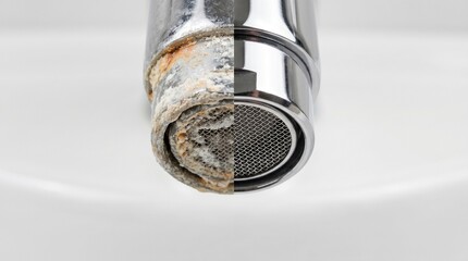 Dirty Faucet Aerator Clogged by Limescale Compared to Clean New Fixture