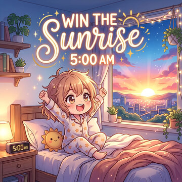 Cute Chibi Girl Waking Up Early at 5 AM for Sunrise Success Concept