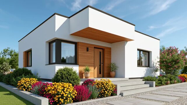 Modern single-story house with wooden accents and vibrant flower beds, featuring a welcoming entrance and landscaped pathway in a sunny outdoor setting