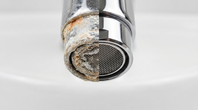 Dirty Faucet Aerator Clogged by Limescale Compared to Clean New Fixture