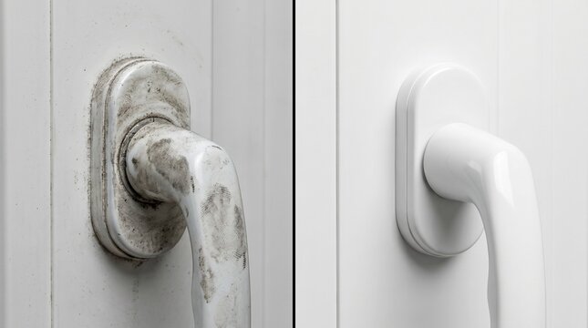 Close-up of Dirty and Clean White Window Handles Comparison