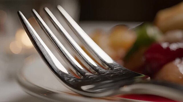 Closeup of a shiny metal fork resting on a plate with blurred food in the background.
