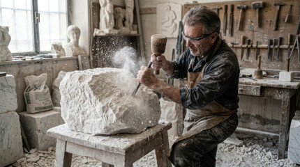 Fototapeta premium Sculptor chiseling a stone block in a workshop.