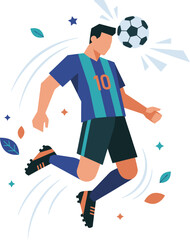 Fototapeta premium Dynamic illustration of a male soccer player in a blue and green jersey heading a football in mid-air with decorative elements.