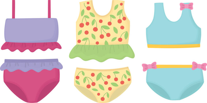 Illustration with three colorful two-piece swimsuits for children. Cute beachwear for girls isolated on white