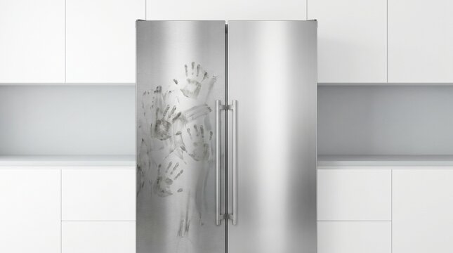 Dirty Stainless Steel Refrigerator Door with Smudged Handprints in Modern Kitchen