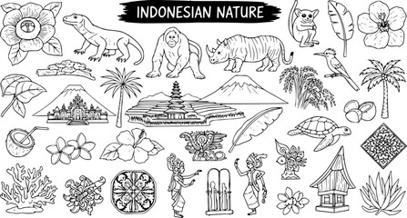 Indonesian Nature and Culture Doodle Collection - Hand-Drawn Black  White Line Art Set Featuring Wildlife, Temples, Flowers, and Traditional Elements for Travel. © devanca