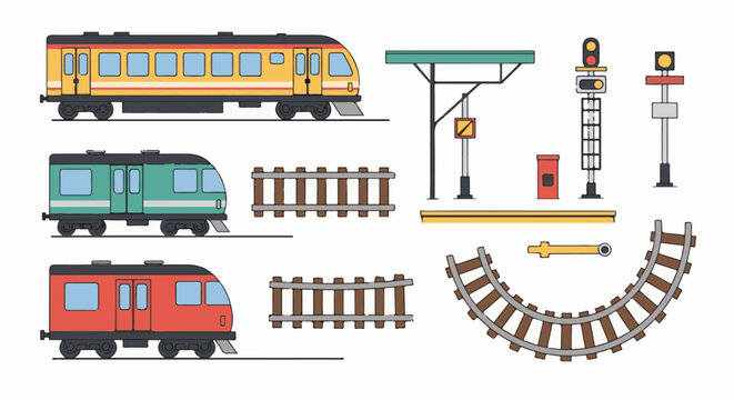 A collection of train elements including trains, tracks, and station components