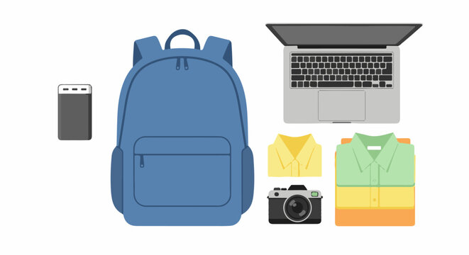 A collection of travel and work essentials for a trip