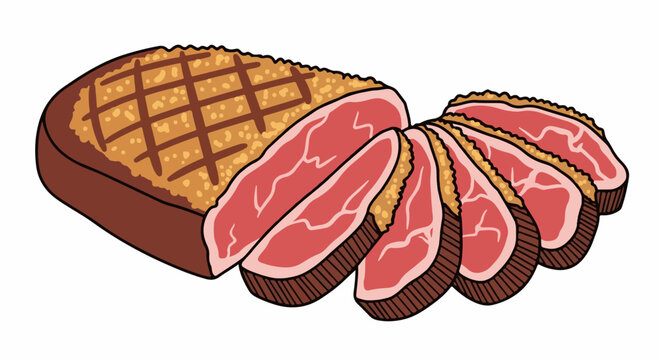 A cooked roast beef, sliced and served, with a textured crust and fat