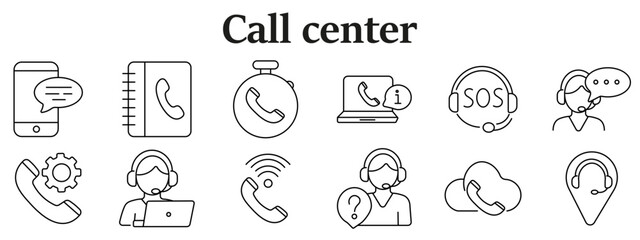 Fototapeta premium Call center support set icon. Phone message, contact book, call timer, laptop, sos headset, operator speech, phone gear, support agent, signal, cloud, location headset line style