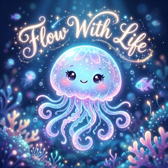 Fototapeta premium Glowing Jellyfish in Ocean Depths with 'Flow With Life' Message 
