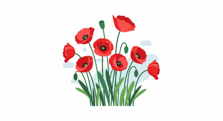 Naklejka premium A cluster of vibrant red poppies with green foliage and buds