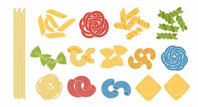 A colorful array of various pasta shapes arranged in rows