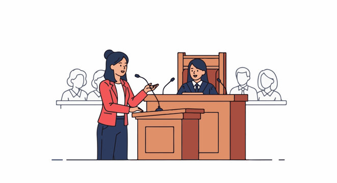 A courtroom scene with a speaker at a podium addressing a judge and onlookers