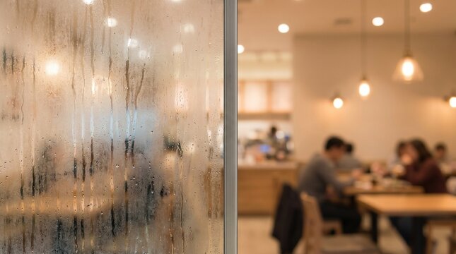 Steamy cafe window on a cold day with blurred people inside