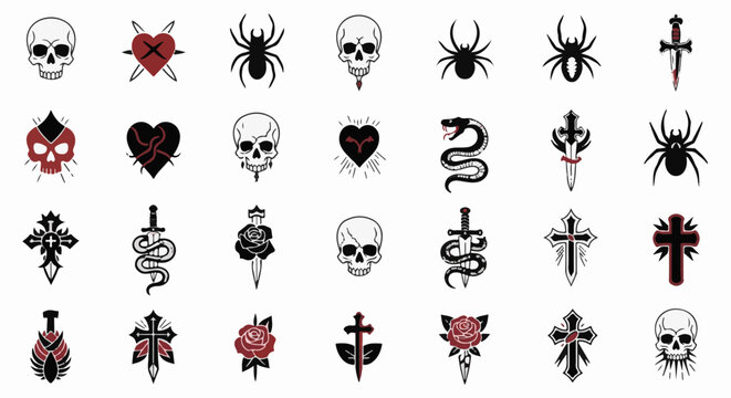 A collage of gothic-themed icons featuring skulls, roses, snakes, and swords