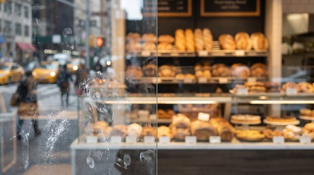 Clean and Dirty Bakery Shop Window Showing Interior and Street Scene