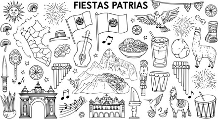 Peru Fiestas Patrias Doodle Icons: Llama, Flag, Music, Food, Architecture, Nature, Line Art © devanca