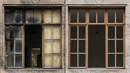Obraz premium Before After Window Renovation Comparing Old New Frames