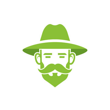 Simplified green icon of a bearded man wearing a wide-brimmed hat