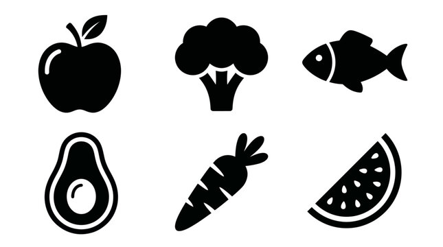 Healthy Food Icons Apple, Broccoli, Fish, Avocado, Carrot, Watermelon