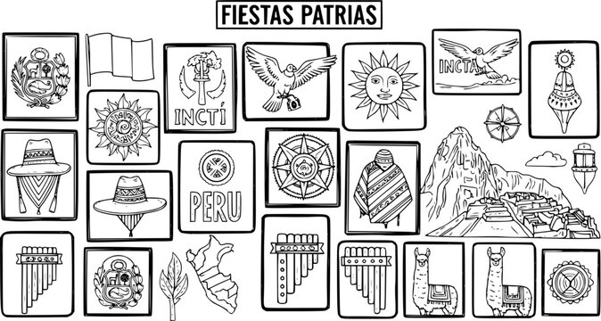Peruvian National Holidays Cultural Icon Set in Black and White Line Art, featuring traditional symbols, landmark, and elements for Fiestas Patrias.